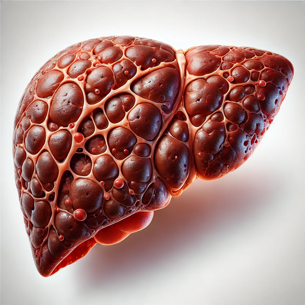 DALL·E-2024-10-28-12.19.30-A-detailed-illustration-of-a-human-liver-with-cirrhosis-showing-a-rough-dark-brown-and-reddish-surface-with-visible-nodules-and-scar-tissue-indicat.webp